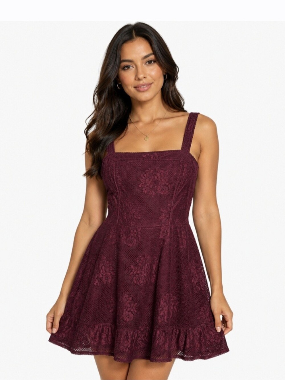 Speechless Lace Fit Flare Dress Burgundy Sleeveless Square Neck Mini 2XL